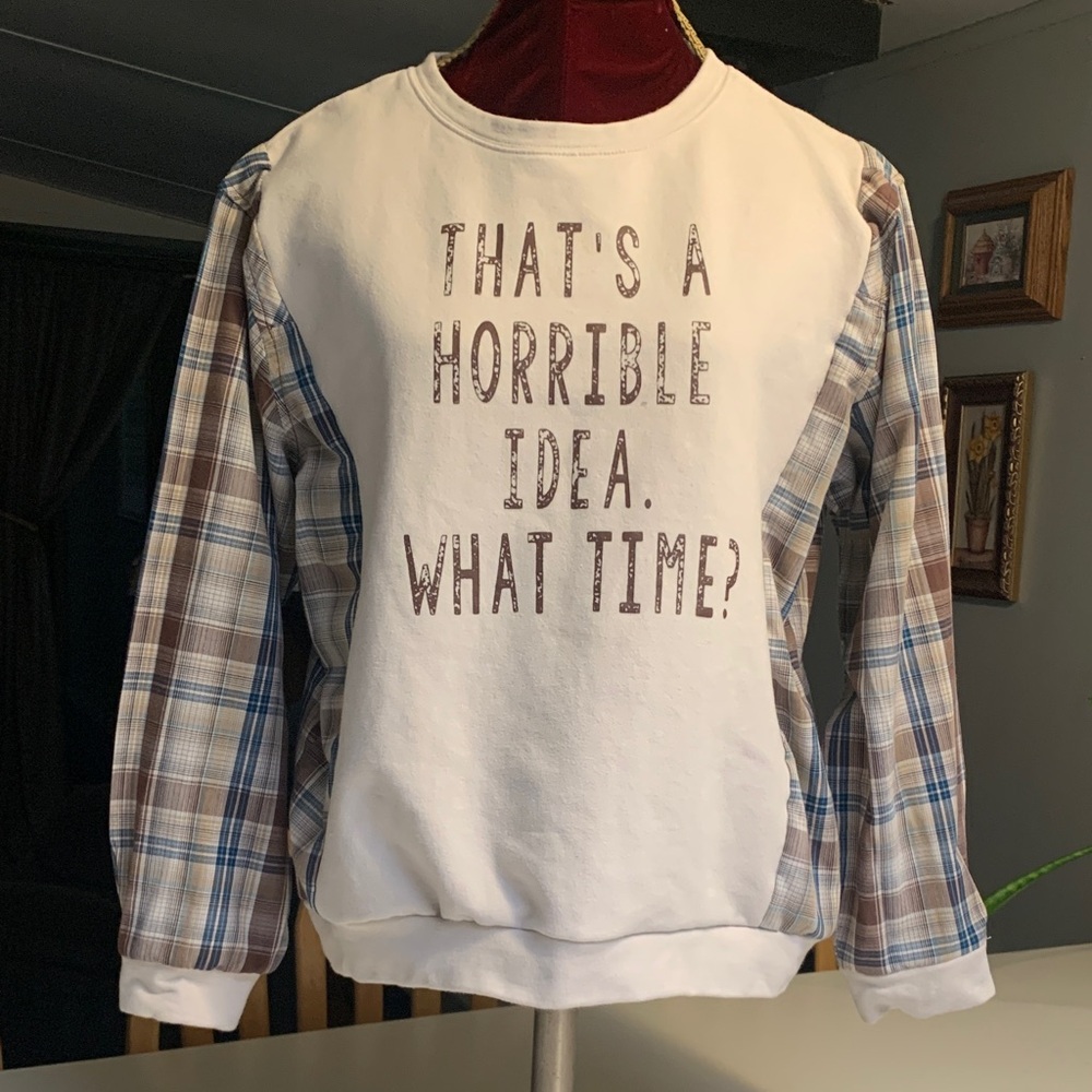 Upcycled Plaid Sleeve Graphic Sweatshirt